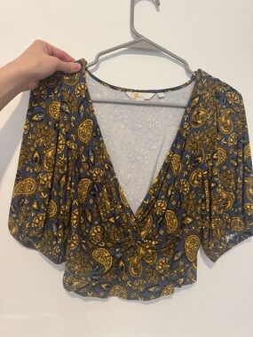 BODEN Women’s Paisley Wrap Crop Top in Mustard and Blue